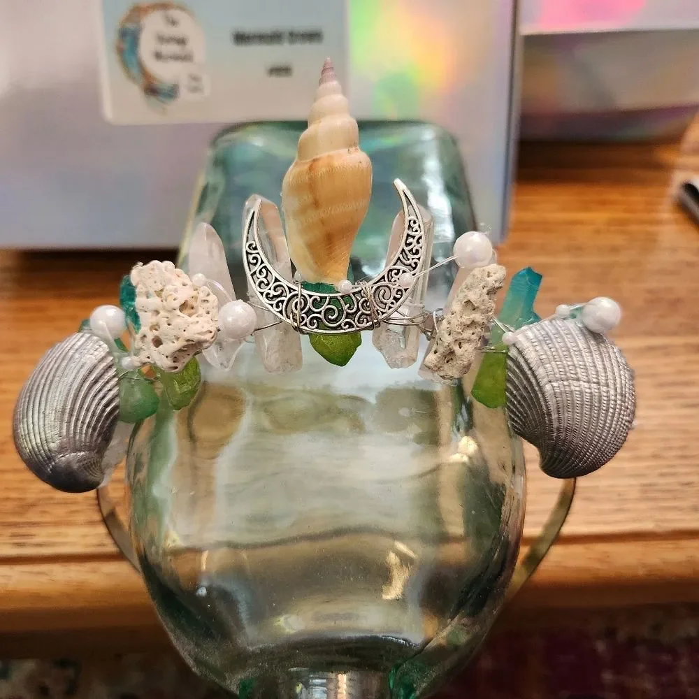 Mermaid Crown Green/White Crystal Quarts, Coral, Pearls, Shell, & Silver Moon!